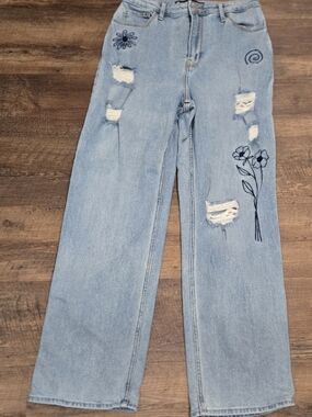 Hollister Light Blue Wide-Leg Jeans with Floral Sketches